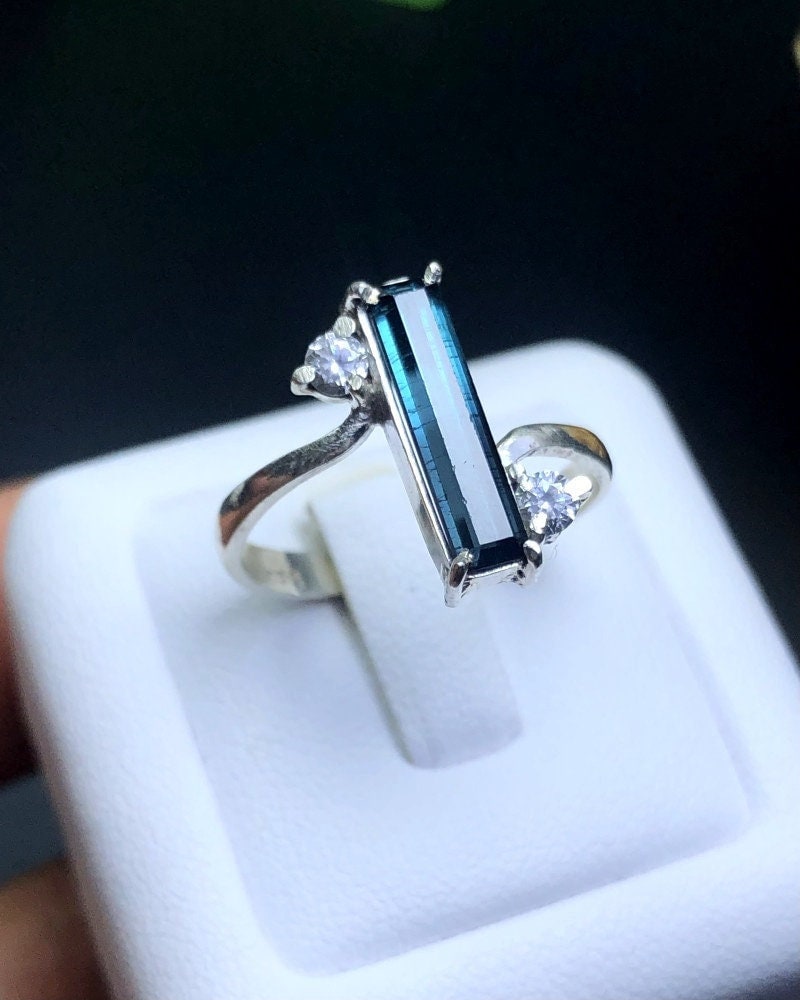 Womens Blue Tourmaline Dainty Ring Sterling Silver 925 Handmade Womans Ring Real Indicolite Natural Indigolite Gift Ring October Birthstone