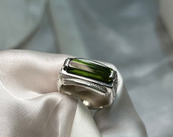 Mens Green Natural Tourmaline Ring Silver 925 Man Ring Handcrafted Mens Jewellery October Birthstone Real Original Tourmaline Jewellery
