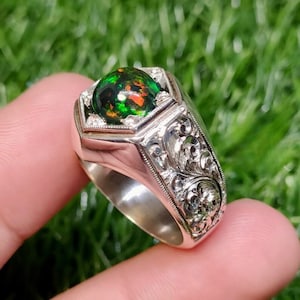 Mens Natural Black Fire Opal Ring Sterling Silver 925 Handmade Man Ring October Birthstone Gift Original Full Fires Opal