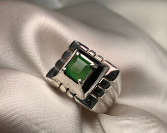Mens Natural Emerald Ring Sterling Silver 925 Handamde Gift Man Real Original Emerald  May Birthstone Emerald Jewellery Zamurd Zamrud Ring