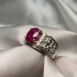 Natural Mens Engraved Ruby Ring Sterling Silver 925 Man Real Ruby Prong Ring Yaqoot Yakut Man Gift Ring July Birthstone Ruby Band