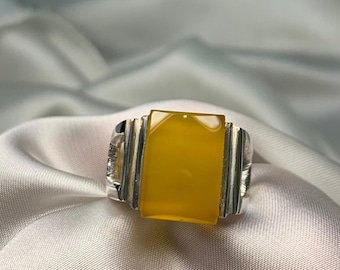 Unisex Mens Womens Yemeni Agate Ring Sterling Silver 925 Handmade Ring Natural Yellow Yamani Agate Jewellery Zard Aqeeq Hakik Akik Ring