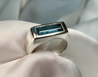 Natural Unisex Blue Tourmaline Mens Womens Handmade Sterling Silver 925 Ring Real Indicolite Indigolite Man Woman Ring Tourmaline Jewellery