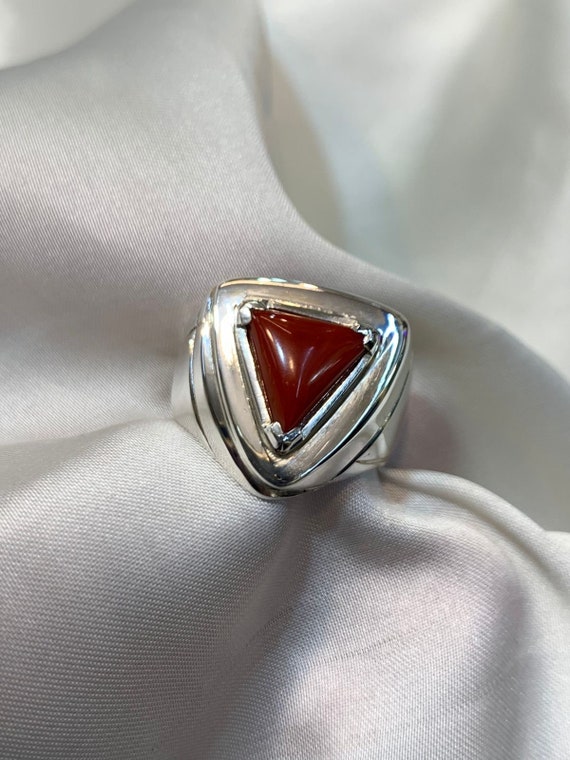 Natural Mens Triangle Coral Ring Sterling Silver 925 Ring for Man
