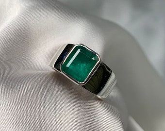 Natural Vivid Green Unisex Emerald Mens Womens Ring Sterling Silver 925 Handmade Zamurd High Quality Emerald Ring For Man Woman Elegant Ring