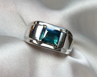 Natural Rare Blue Tourmaline Mens Womens Unisex Sterling Silver 925 Ring For Man Woman Emerald Cut Tourmaline Estate Statement Ring