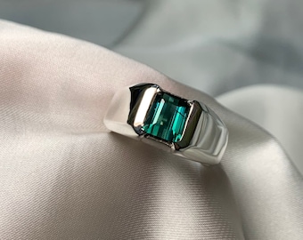 Natural Rare Blue Tourmaline Mens Womens Unisex Sterling Silver 925 Ring For Man Woman Emerald Cut Tourmaline Estate Statement Ring