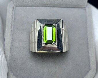 Natural Mens Green tourmaline Ring sterling Silver 925 Estate Man Ring  Emerald Cut Tourmaline Artisan jewelry Gift Ring