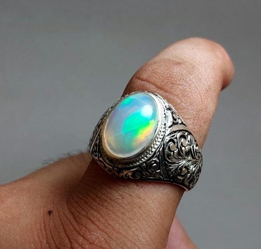 ★47bag ★ 925 Silver Opal Birthstone Raw Stone Ring Tierra Natural Fire Opal Ring Sterling Silver 925 Mens Real Opal