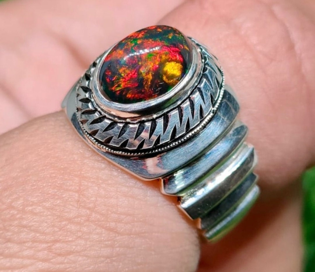 Mens Natural Real Black Fire Opal Sterling Silver 925 Man Ring