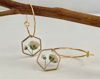 Handmade Hoop Earrings, Pressed Baby's Breath, Resin Earrings, Floral