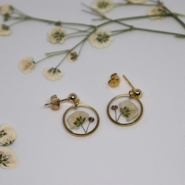 Handmade Earrings, Pressed Baby's Breath, Gold Plated, Resin Earrings, Floral