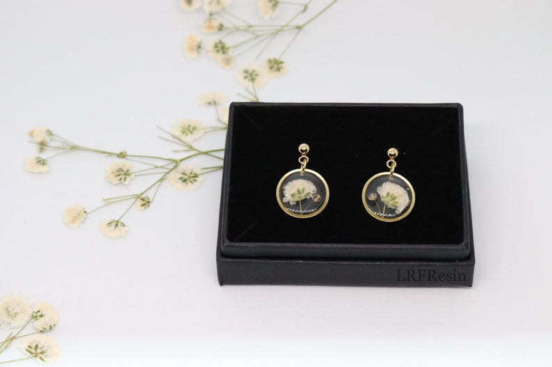Handmade Earrings, Pressed Baby's Breath, Gold Plated, Resin Earrings, Floral image 5