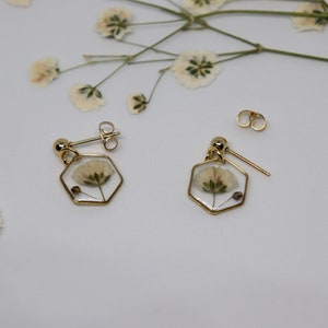 Handmade Earrings, Pressed Baby's Breath, Gold Plated, Resin Earrings, Floral image 2