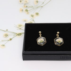 Handmade Earrings, Pressed Baby's Breath, Gold Plated, Resin Earrings, Floral image 6