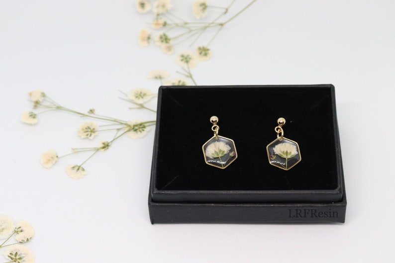 Handmade Earrings, Pressed Baby's Breath, Gold Plated, Resin Earrings, Floral image 6