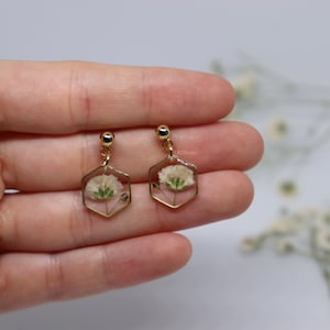 Handmade Earrings, Pressed Baby's Breath, Gold Plated, Resin Earrings, Floral Hexagon