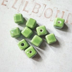 10 green ceramic Beads, Green cube beads, Jewellery making