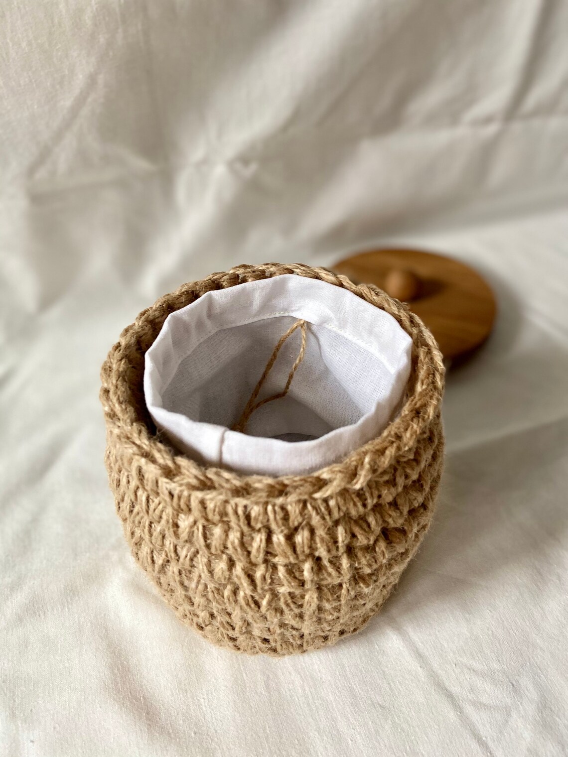 Small Storage Jute Basket with Wood Lid for Nuts Cosmetics Etsy