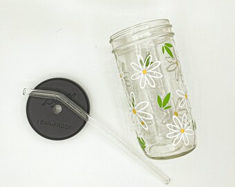 Daisy Floral Mason Jar-beker | Smoothiebeker met bloemen | Bubbeltheekop met bloemen | Mason Jar-drinkgerei