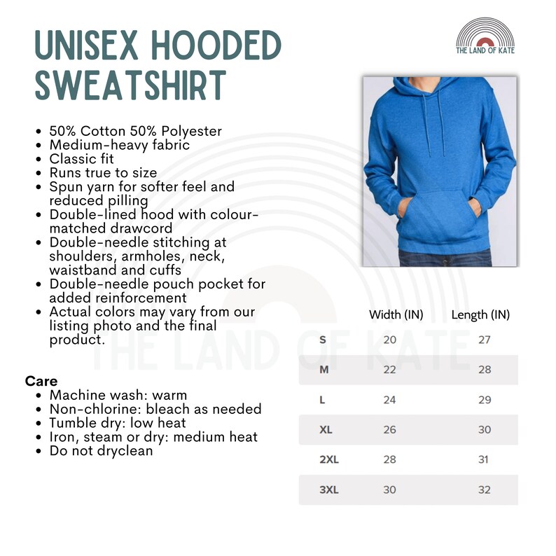 Puede incluir: Sudadera con capucha unisex de color azul con una tabla de tallas que muestra el ancho y la longitud en pulgadas. La sudadera est&aacute; hecha de 50% algod&oacute;n y 50% poli&eacute;ster. Las instrucciones de cuidado incluyen lavar a m&aacute;quina con agua tibia, blanquear sin cloro si es necesario, secar en secadora a baja temperatura, planchar, vaporizar o secar a temperatura media, y no limpiar en seco.