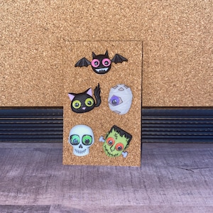 Halloween Push Pins: Black Cat, Bat, Mummy, Monster Tacks (Set of 5)