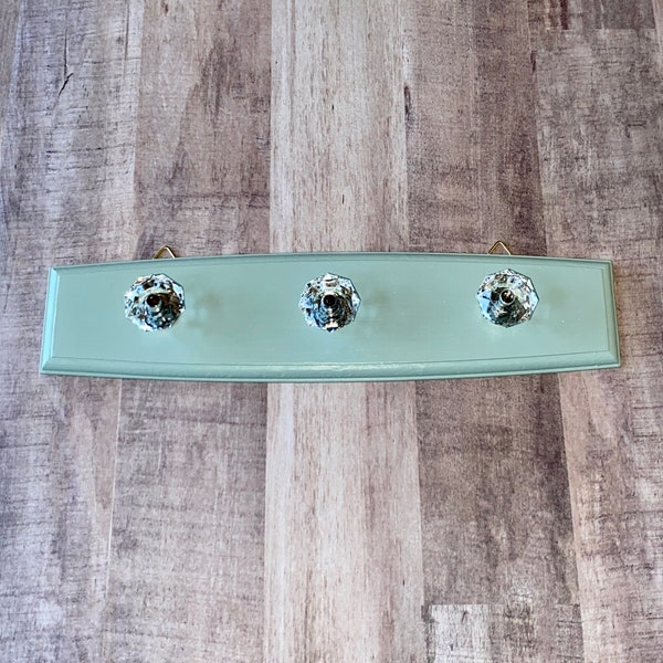 Small Necklace Holder, soft sage green, jewelry holder wall mounted, boho, shabby chic, cottage chic, faux crystal knobs, key/lanyard holder