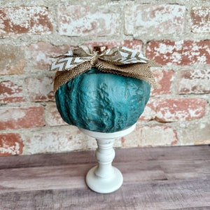 Hand Painted Turquoise Pumpkin: Burlap Chevron Fall Decor
