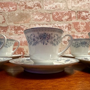 Vintage China Teacups and Saucers,  Noritake Blue Hill China, Contemporary Blue Floral Pattern with Platinum Trim, 6 cups with saucers