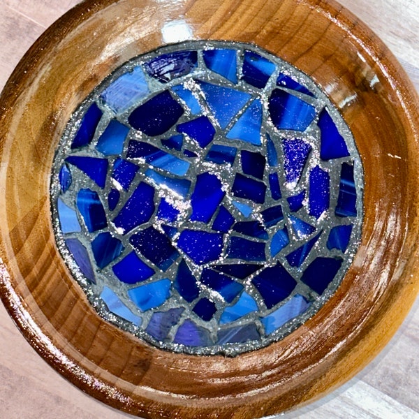 Wood Mosaic Bowl, stained glass mosaic, ring dish, entryway dish, loose change, emptied pockets, blue mosaic, glitter grout, wood bowl