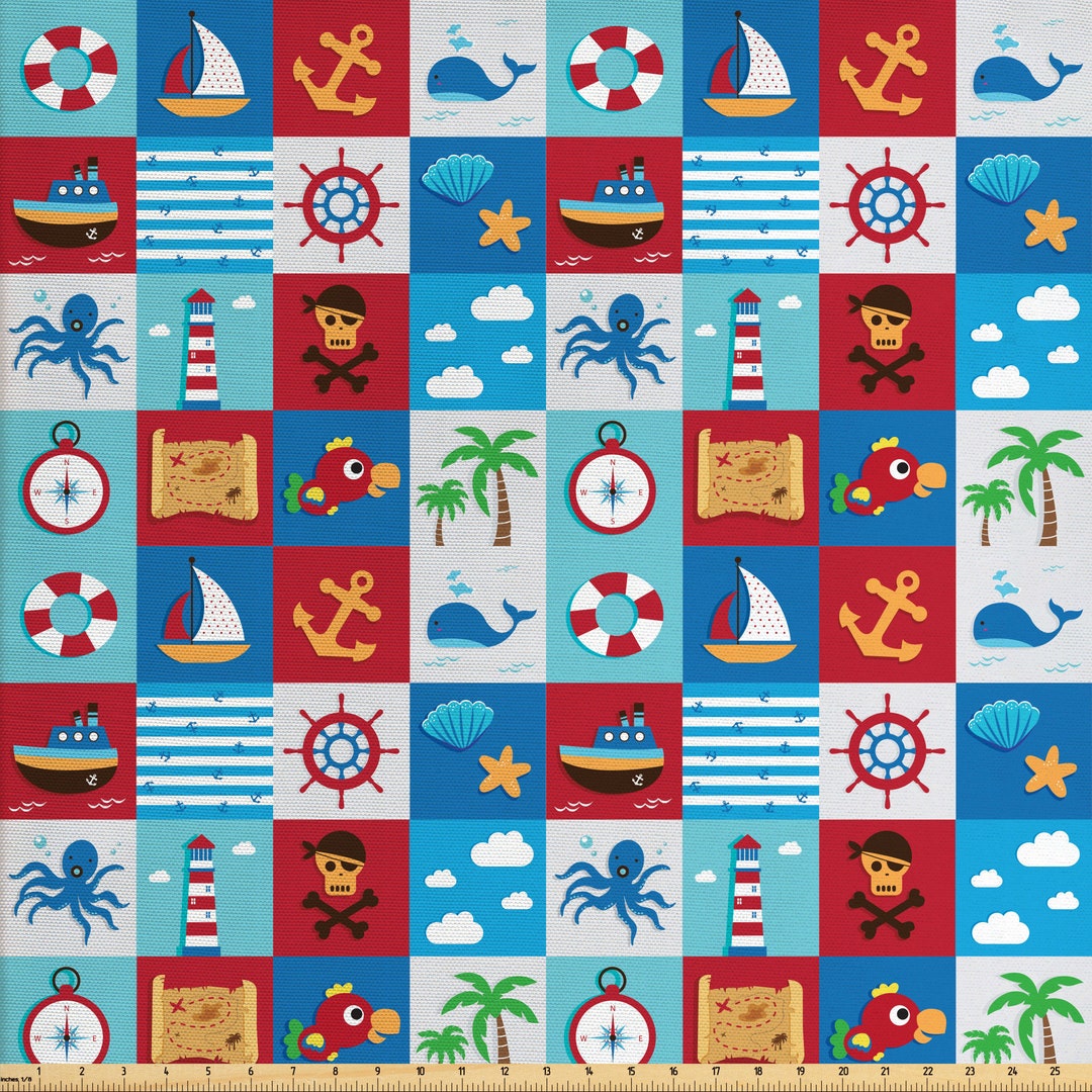 Marine Fabric by the Yard, Anchor Sea Ocean Sailboat Octopus Crab