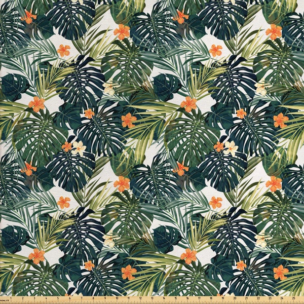 Hawaii Fabric By the Yard, Tropical Leaves Palm Trees Pineapples Poppies Summer Designs Print Pattern, DIY Projecting Upholstery Quilting