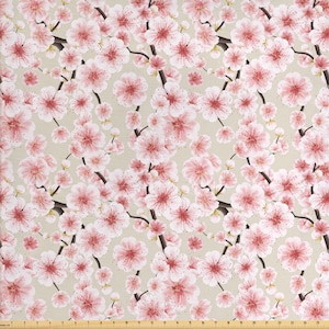 Cherry Blossom Fabric By the Yard, Pink Sakura Japanese Tree Branches Blossoms Spring Print Pattern, DIY Projecting, Upholstery, Quilting