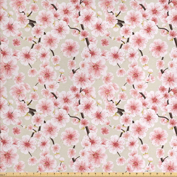 Cherry Blossom Fabric By the Yard, Pink Sakura Japanese Tree Branches Blossoms Spring Print Pattern, DIY Projecting, Upholstery, Quilting