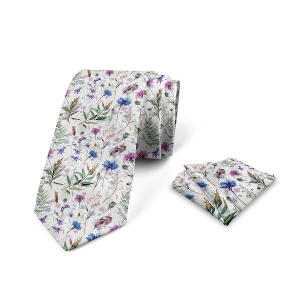 Thistle Men'S Tie & Hankerchief Set C Bow Ties For Wedding Gift For Dad Flower Pocket Square