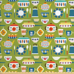 Teaparty Fabric By the Yard, Afternoon Teatime Tea Kettles and Pots China Cups Kitchen Apron Tablecloth Porcelain Print, Upholstery Quilting