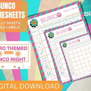 May include: Printable Bunco score sheets with a retro theme. The score sheets feature a peace sign and a flower with a smiley face. The text "Bunco Night" is on a cassette tape. The text "3 Sizes" is in the top right corner of the image.