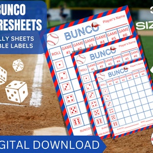 May include: Printable baseball-themed Bunco score sheets in three sizes. The score sheets are red, white, and blue with a baseball graphic. The text "Bunco" is in a white font with a red outline. The text "Game #1" through "Game #6" is in a black font. The text "Roll" is in a black font. The text "Player's Name" is in a black font. The text "3 Sizes" is in a black font with a red outline.