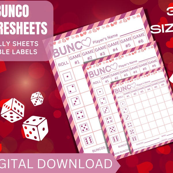 February Bunco Score Sheets, Valentines Bunco Score Cards, Bunco Tally Sheets, Bunco Table Labels, Bunco Printable, Galentines Bunco Cards