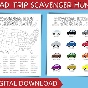 May include: Two printable road trip scavenger hunt pages. One page features a map of the United States with state names for license plate hunting. The other page displays car colors for a scavenger hunt game. The words "Road Trip Scavenger Hunts" and "Digital Download" are also visible.