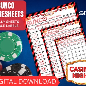 Casino Night Themed Bunco Scoresheets, Vegas Themed Bunco Score Cards, unco Tally Sheets, Bunco Table Labels, Bunco Printable, Themed Party