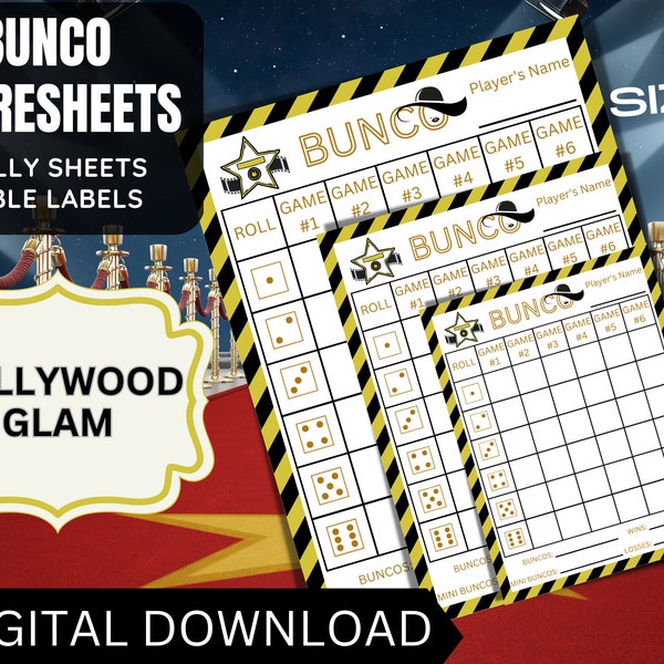 Hollywood Glam Themed Bunco Scoresheets, Elegant Themed Bunco Score Cards, Bunco Tally Sheets, Bunco Table Labels, Bunco Party Printable
