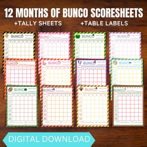 Bunco Score Sheets, Score Cards, Bunco Tally Sheets, Bunco Table Labels, Bunco Printable, 12 Months Bunco Cards, Holiday Bunco Scoresheets