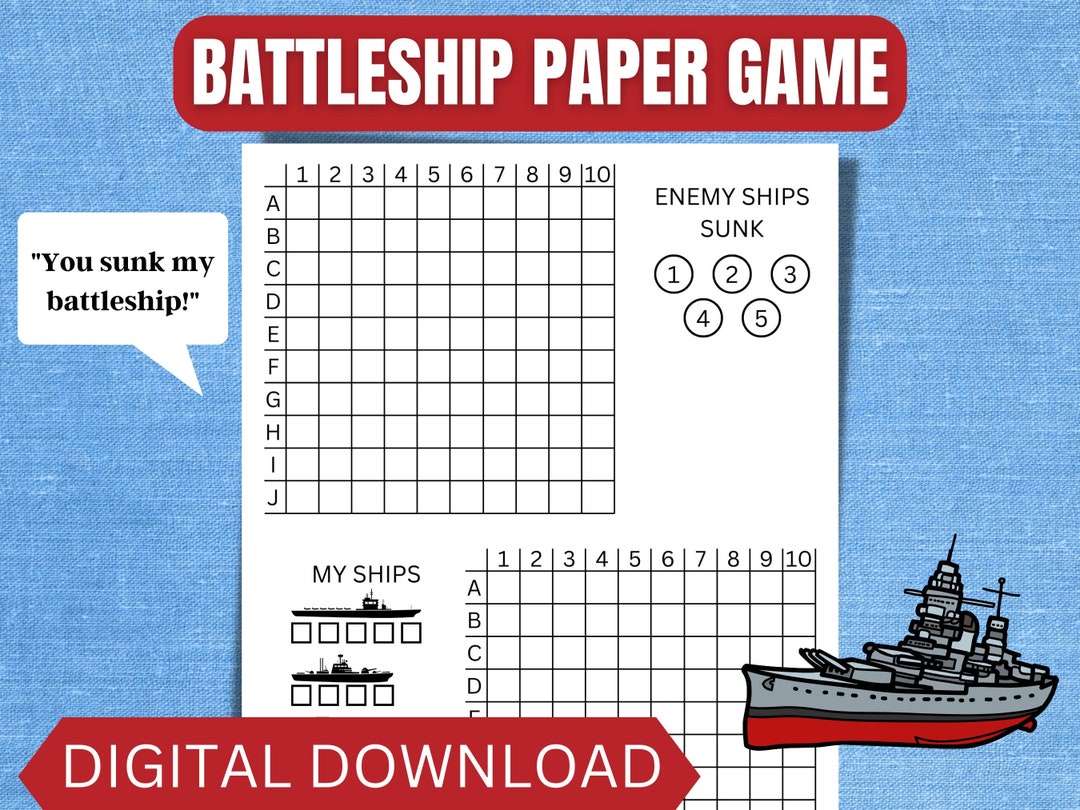 Battleship Paper Game Printable Battleship Game Paper Games Etsy