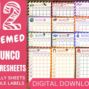 Themed Bunco Score Sheets, Bunco Score Cards, Bunco Tally Sheets, Bunco Table Labels, Bunco Printable, Holiday Bunco Cards, Fun Scoresheets