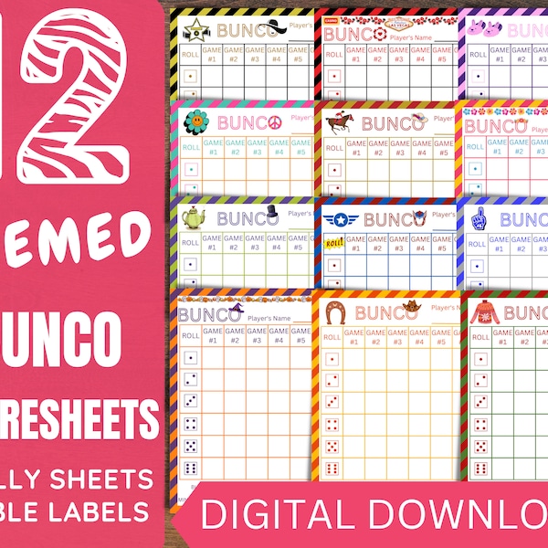 Themed Bunco Score Sheets, Bunco Score Cards, Bunco Tally Sheets, Bunco Table Labels, Bunco Printable, Holiday Bunco Cards, Fun Scoresheets