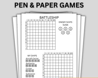 Afdrukbare pen- en papierspellen – bundel met 5 spellen | Tic Tac Toe, Galgje, Dots & Boxes, slagschip, vier op een rij | Pdf direct downloaden