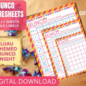 Luau Themed Bunco Scoresheets, Beach Bunco Score Cards, Bunco Tally Sheets, Bunco Table Labels, Bunco Printable, Bunco Party Printable