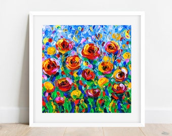 Acrylic Painting Print Colorful Impressionist Abstract Garden Flower Spring Happy Unframed Wall Art Bedroom Kitchen Decor Fun Joyful 12x12