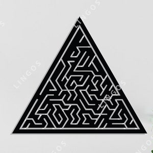 May include: Black and white geometric triangle design with a maze pattern. The design is on a white background.